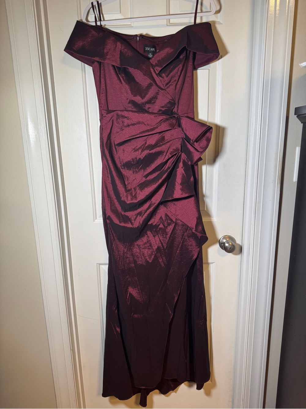 Xscape Burgundy Taffeta Off-Shoulder Sweetheart Ruffled Formal Evening Gown. 10.